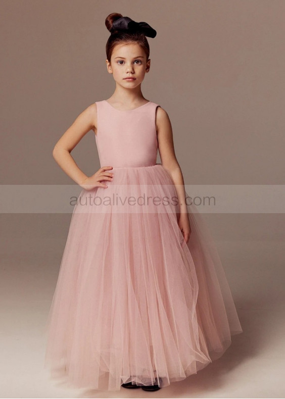 Blush Pink Satin Tulle Flower Girl Dress With Detachable Train